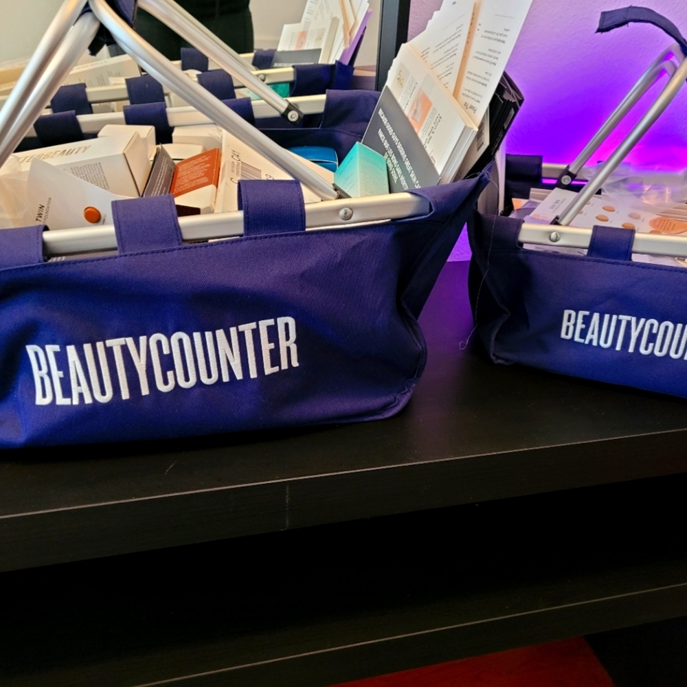 Beautycounter Samples, Products, and 2 Market Totes.